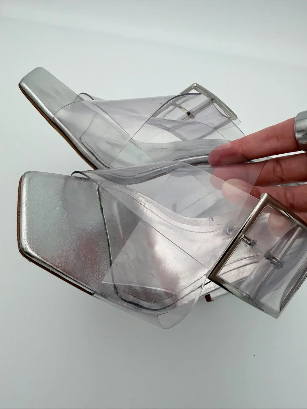 SCHUTZ Clear Vinyl Silver Block Heel Sandals 8B Square Toe Oversized Buckle